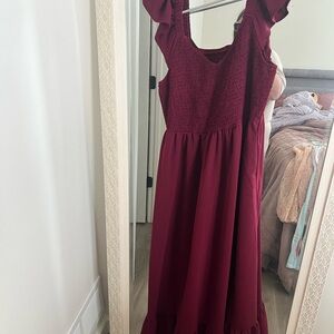 Burgundy Smocked Maxi Dress with Ruffle Sleeves